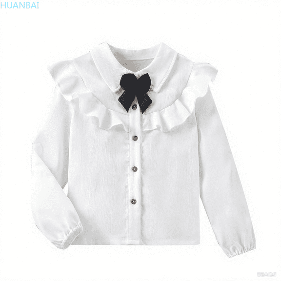 HUANBAI Girls Blouse With Lace Trim And Bow Tie Casual Long Sleeve Shirt For Kids Autumn Top Tee For Girls 8 12 Years Old Comfortable School Outfit Outfit Toddler Shirts 8-9 Years