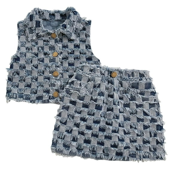 HUANBAI Girls' Clothing Denim Suit 2 10 Years Old Casual And Formal Wear Summer Spring Lapel Sleeve Top Paired With Short Skirt Loose Fit Elastic Comfortable 100