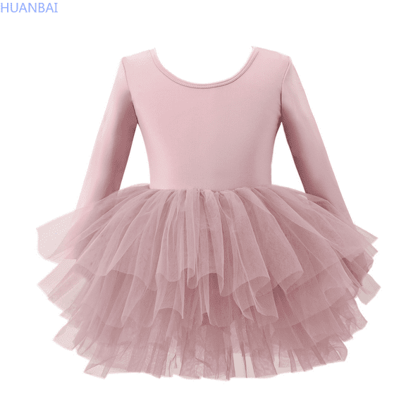 HUANBAI Girls Dance Dress Performance Tutu Skirt Long Sleeve Round Neck Chiffon Ballet Outfit For Ages 3 10 Spring Summer Recital Sundress for Kids 3-4 Years