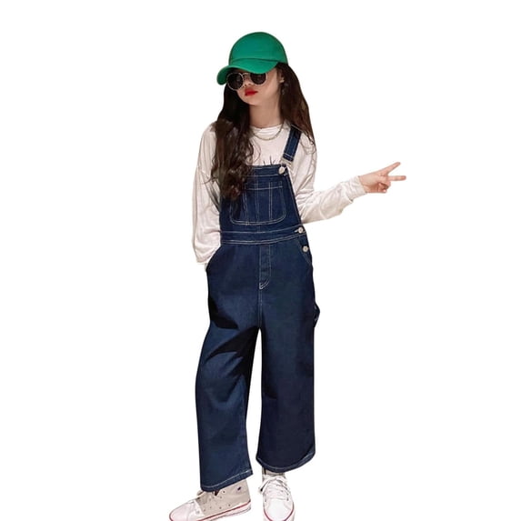 HUANBAI Girls Denim Jumpsuit Wide Leg Jeans Adjustable Strap Baggy With Pockets Cute Playsuit For Gir ls Age 3 14 11-12