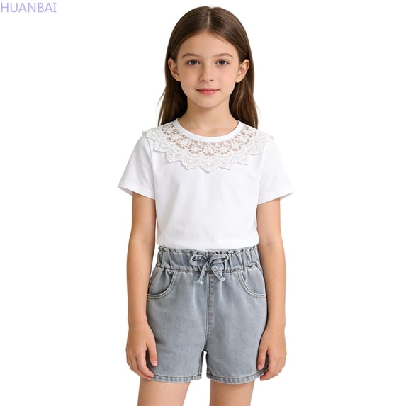 HUANBAI Girls Denim Shorts For Summer Outdoor Play Comfortable Elastic Waist Casual Kids Shorts Toddler To Big Girl Workout Trousers 10-11 Years