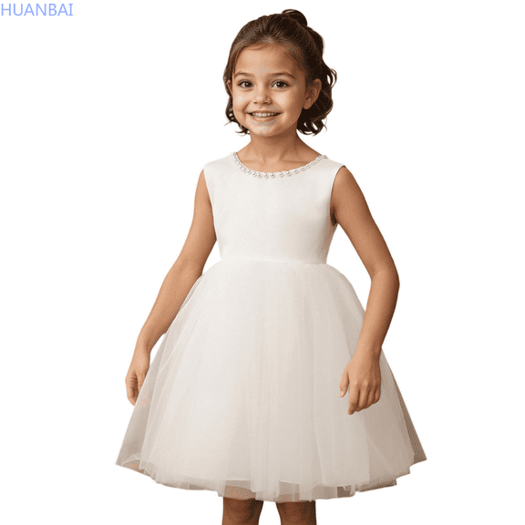HUANBAI Girls' Dress Backless Design With Bowknot Style For And Parties Elegant And Comfortable Short Sleeve Dress 110