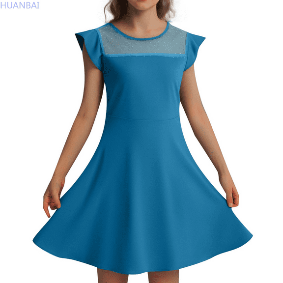 HUANBAI Girls Dress Summer Ruffle Sleeve Mesh A Line Casual Party Dresses With Pockets For Kids 4 11 Years Short Sleeve Dress 4-5 Years