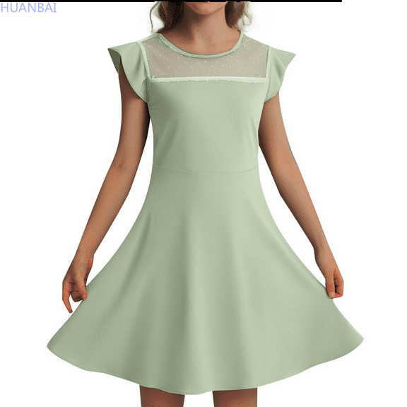 HUANBAI Girls Dress Summer Ruffle Sleeve Mesh A Line Casual Party Dresses With Pockets For Kids 4 11 Years Sundress for Kids 7-8 Years