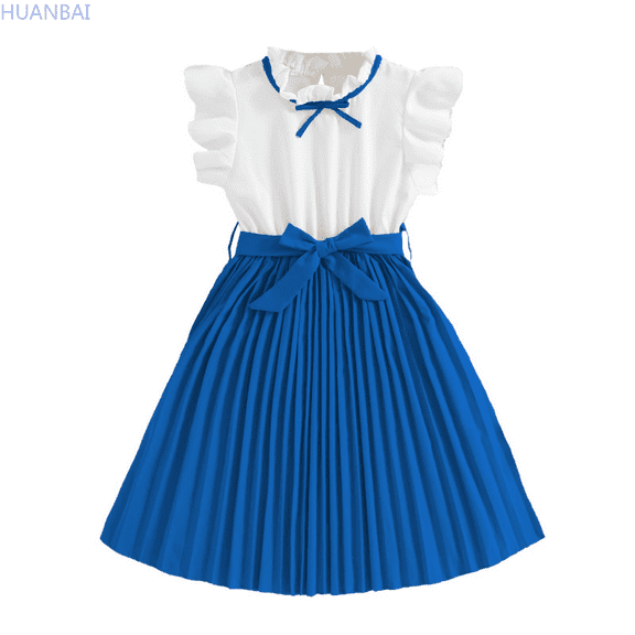 HUANBAI Girls' Flutter Sleeve Color Block Princess Dress | Korean Style Pleated Skirt Spring Summer Outfit Skirt Dresses 7-8 Years
