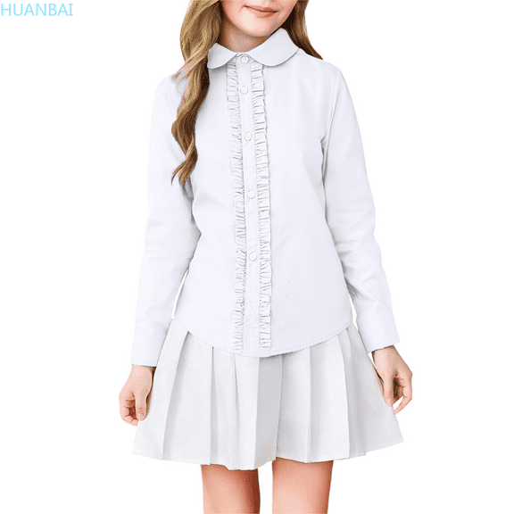 HUANBAI Girls Long Sleeve Blouse Ruffle Trim Dress Shirt For School Performance And Everyday Wear Summer Blouse for Girls 7-8 Years