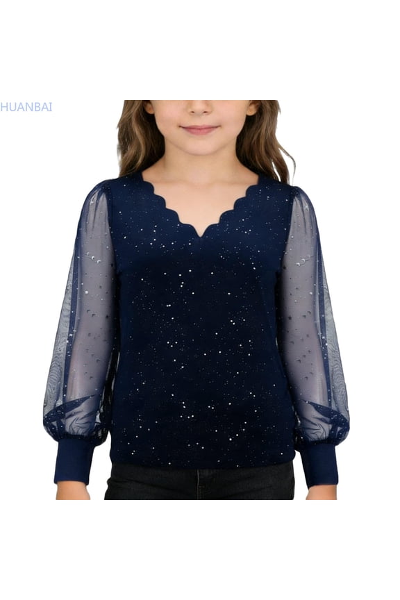Girls Long Sleeve Casual Party Top With Sparkly Collar Loose Fit Tee Shirt For Tweens And Teens Festive Celebration Blouse Casual for Kids Teens 5-6 Years