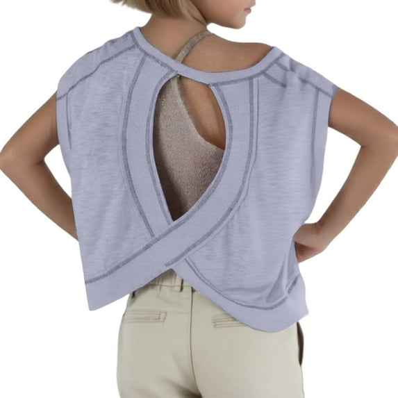 HUANBAI Girls Loose Casual Short Sleeve Fitness T Shirt Backless Top 2025 Backless Yoga Sports Short Running T Shirt (4y 12y) Summer Blouse for Girls 9-10 Years