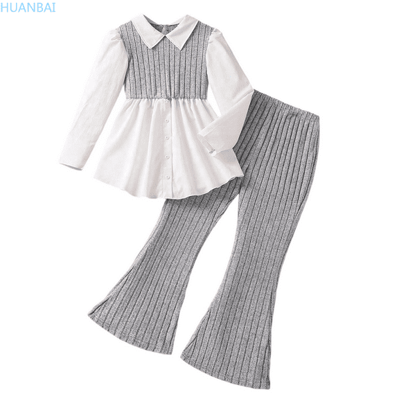 HUANBAI Girls Outfits Set Autumn Long Sleeve Top With Flared Pants Two Piece Outfit For Toddler Kids Fashion Comfortable Casual Wear Loose Outfits 11-12 Years