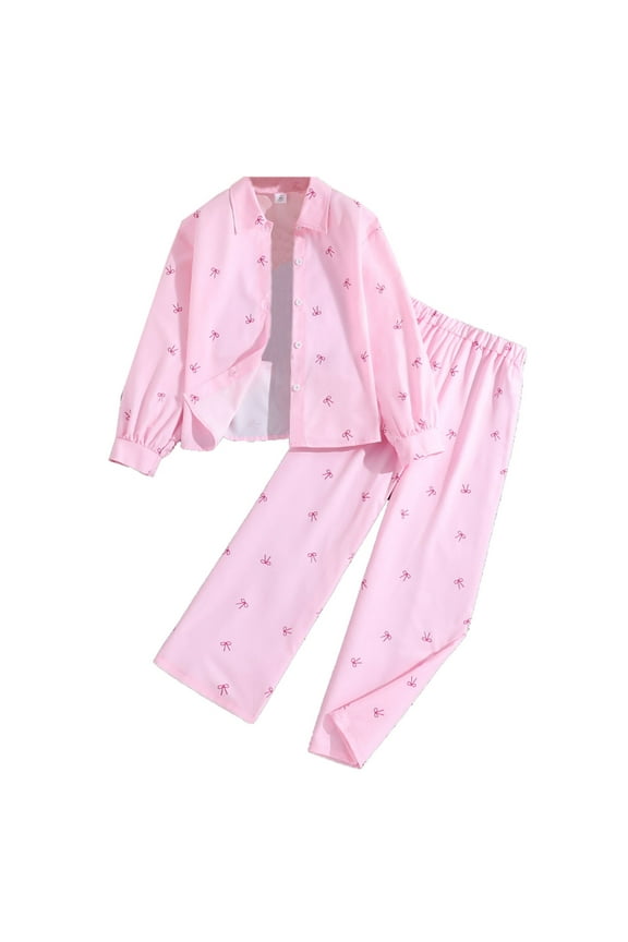 Girls Outfits Set Long Sleeve Shirt Bow Print Pants Casual Playwear For Girls Age 7 12 Spring Summer Outdoor Activities Picnic Party Comfortable Elastic Waist 8Y