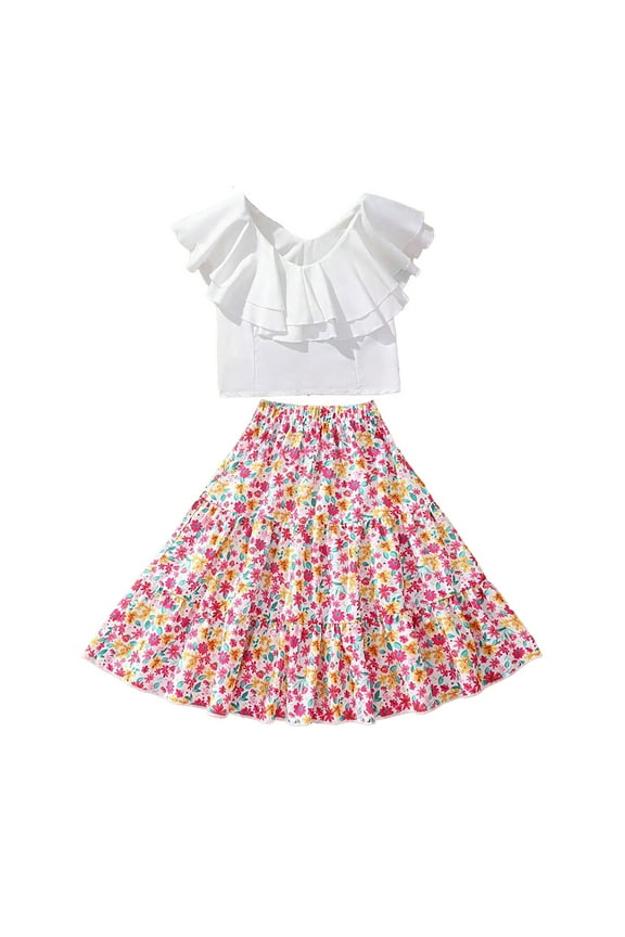 Girls' Ruffled Sleeveless Blouse Floral Skirt Suit 9-10 Years