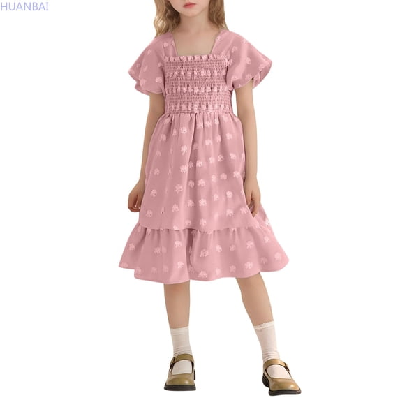 HUANBAI Girls Short Sleeve Dress For Outdoor Play Park Party And Home Comfort Age 2 To 16 Years Casual Spring Summer Outfit Skirt Dresses 3-4 Years