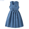 thumbnail image 1 of HUANBAI Girls Sleeveless Solid Color Dresses Square Neck A Line Casual Fashion Knee High Dress Girls Dress Sweet 10-11 Years, 1 of 9