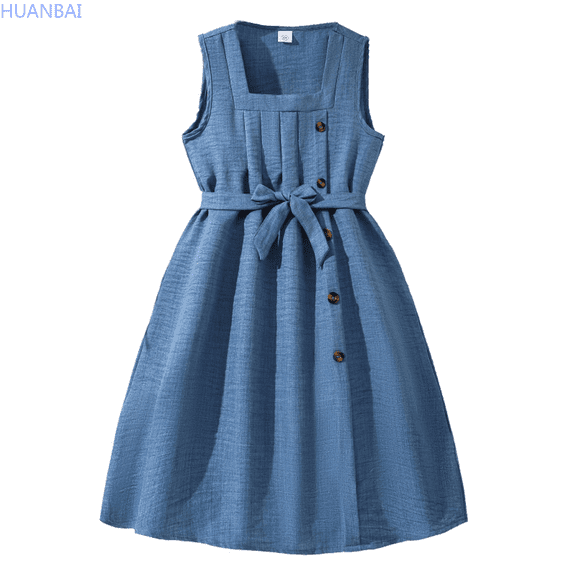 HUANBAI Girls Sleeveless Solid Color Dresses Square Neck A Line Casual Fashion Knee High Dress Summer Dresses 7-8 Years