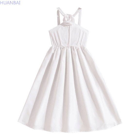 HUANBAI Girls' Sleeveless Strap Princess Party Dress White Summer Dress For Toddler & Kids Ages 7 12 Sundress for Kids 11-12 Years