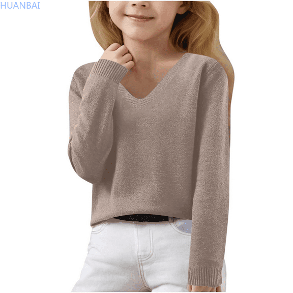 HUANBAI Girls Sweaters For Autumn And Winter Long Sleeve V Neck Knit Pullover Sweaters For Children Kids Girls Fall Winter Sweaters 170