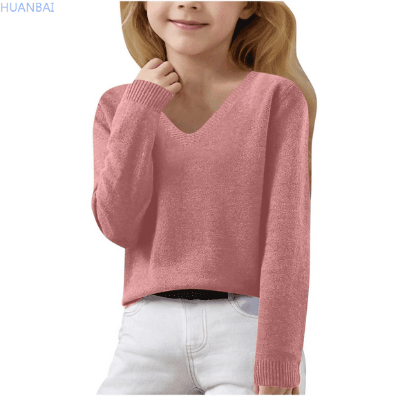 HUANBAI Girls Sweaters For Autumn And Winter Long Sleeve V Neck Knit Pullover Sweaters For Children Kids Girls Long Sleeve Sweater 160