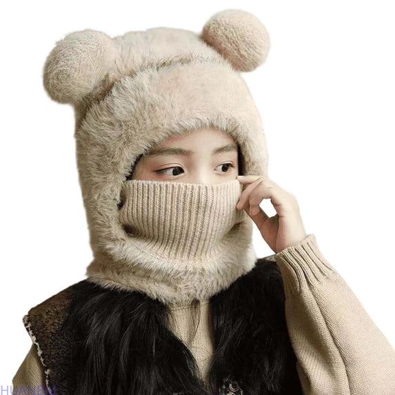 HUANBAI Hat Scarf For Kids: Winter Weather Unisex With Ear And Face Coverage Windproof Warmth For Autumn And Cold Seasons / Beige(32cm)
