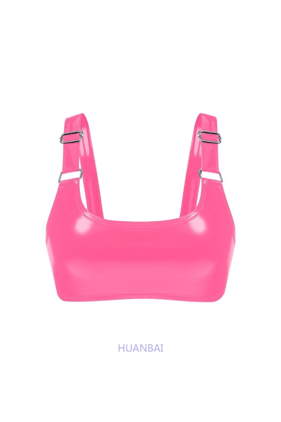 High Gloss Leather Neck Bra Leather Bra Adjustable Strap Underwear ,(XX-Large,Pink)