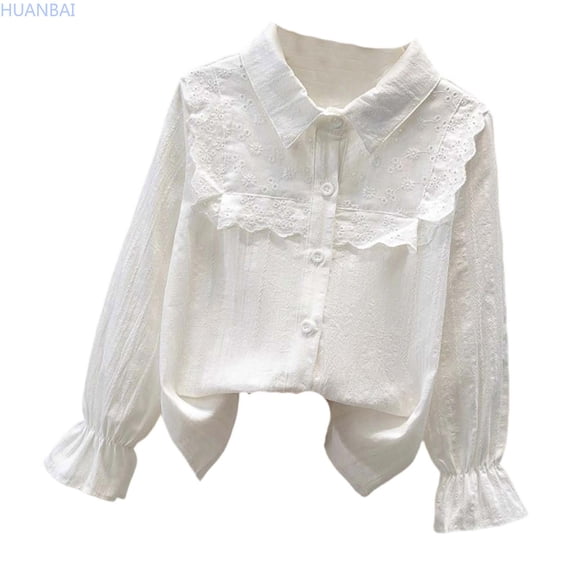 HUANBAI Kids Girls Long Sleeve Party Blouses Kids Elegant Ruffled Button Down Shirts School Tops Crewneck Basic Tees 11-12 Years