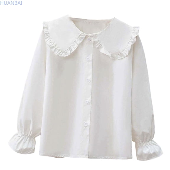 HUANBAI Kids Girls Long Sleeve Party Blouses Kids Elegant Ruffled Button Down Shirts School Tops Summer Blouse for Girls 13-14 Years