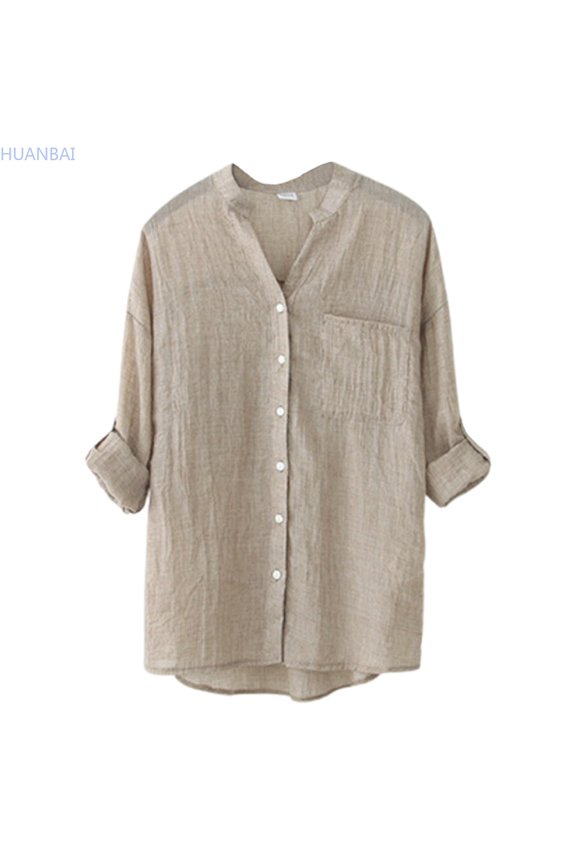 Lightweight Women's Linen Sunscreen Shirt Japanese Style Loose Fit 3/4 Sleeve Stand Collar Blouse For Summer Casual Wear Wrinkle-Free Blouse
