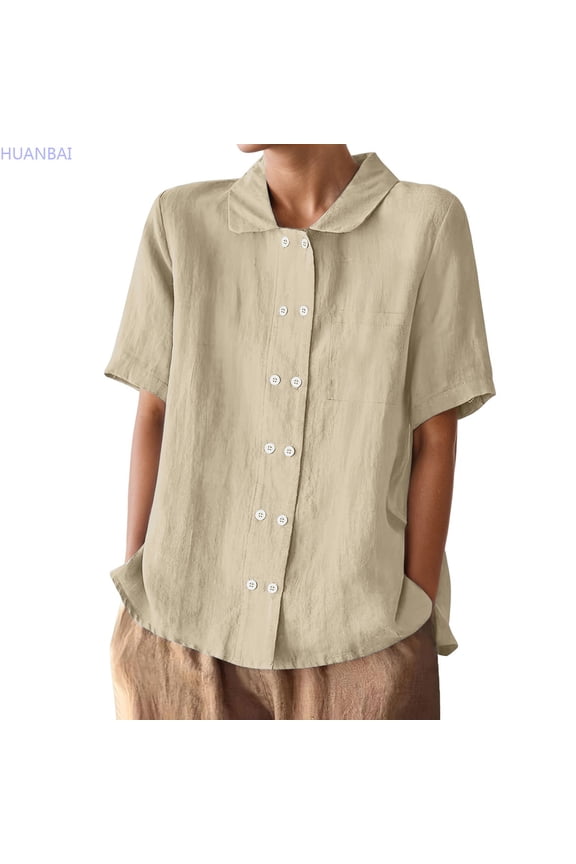 Linen Blouse For Double Open Front Lapel Shirt Short Sleeve Top Plus Size Summer Beach Casual Collared Shirt