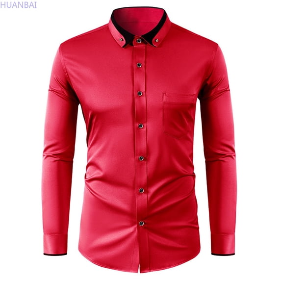 HUANBAI Male Color Blocked Diamond Button Lapel Shirt Slim Fit Business Casual Design Shirt