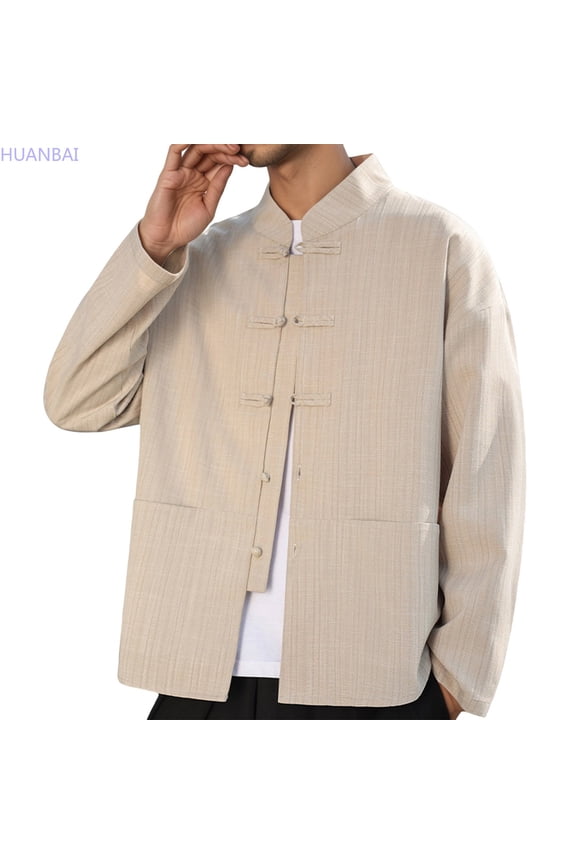Mandarin Collar Button Down Shirt Long Sleeve Casual Business Formal Tunic Top Outerwear Jacket Stylish Versatile