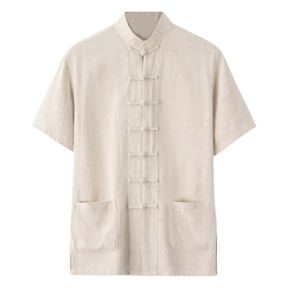 HUANBAI Men's And Women's Loose Imitation Linen Short Sleeved Shirt Classical Style Short Sleeved Shirt