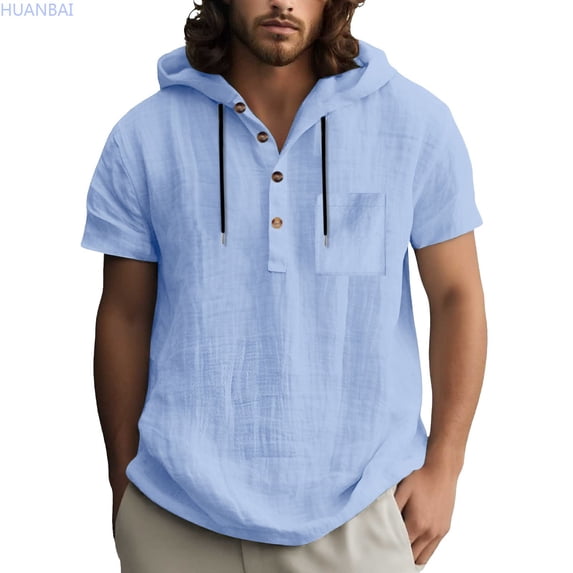 HUANBAI Men's Spring And Summer Solid Color Linen Shirt Hooded Short Sleeve Casual Men's Beach T Shirt