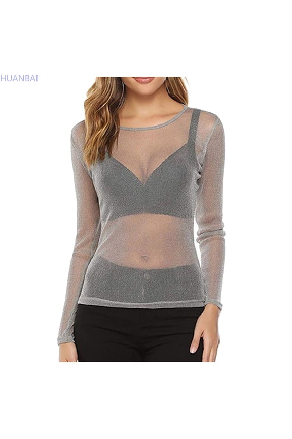 Mesh Top Women's Transparent Glitter Mesh Top Black Transparent Long Sleeve Shirt Women's Loose T-Shirt