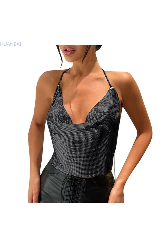 Metal Sequin Chain Strap Crop Top For Women | Stylish And Party Wear Blouse | Trendy Glitter Sleeveless Shirt Slim Fitted Camisole