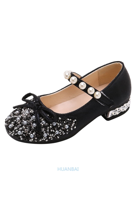 Performance Dance Shoes For Girls Childrens Shoes Pearl Rhinestones Shining Kids Shoes ,(11-11.5 Years Black) Size ,3