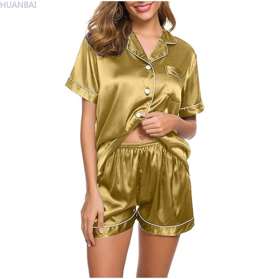 HUANBAI Silk Pajamas Womens Short Sleeve Sleepwear Soft Satin Button Down Loungewear 2 Piece Shorts Set Nightshirt Soft Pajamas
