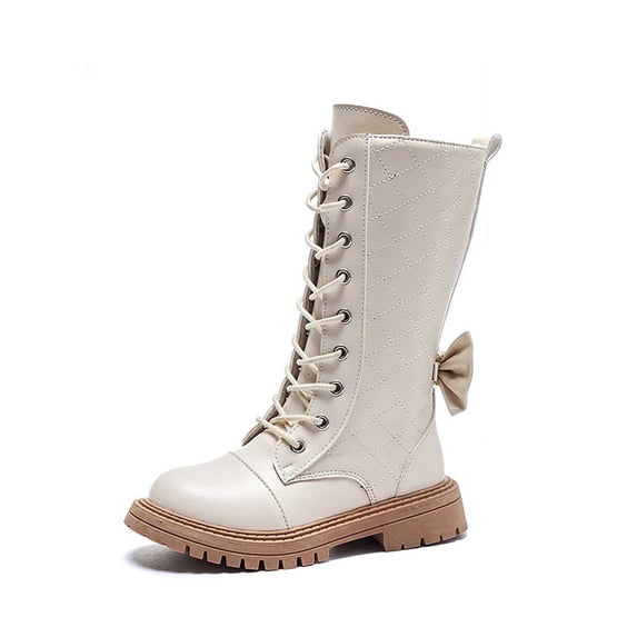 HUANBAI Soft Sole High Top Boots For Girls With Style Ribbon Detail Long Leather Boots Girls Ankle Boots 4-4.5 Years