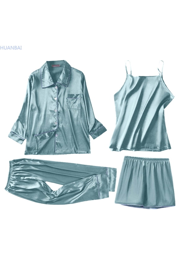 Spring And Autumn Ladies In Europe And The United States Foreign Trade Women's Home Wear Suit Sling Pajamas Thin Four Piece Set Nightgown Sleepwear