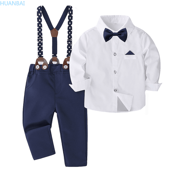 HUANBAI Stylish Boys Formal Party Elegant White Dress Shirt With Suspenders And Tailored Pants For And Photoshoots Daily Casual Outfits 3-4 Years