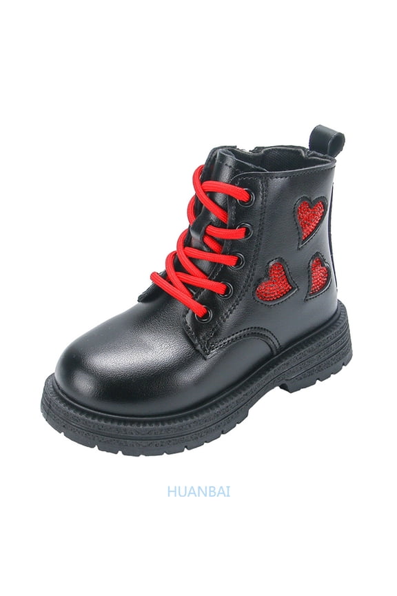 Stylish Girls Ankle Boots With Heart Rhinestone Leather Lace Up Side Zipper Design For Winter Outfits ,(7-8 Years Black) Size ,13
