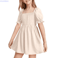 thumbnail image 1 of HUANBAI Summer Girls Chiffon Ruffle Mini Dress Square Neck Short Sleeve Solid A Line Dress Casual Midi Dresses 4-5 Years, 1 of 6