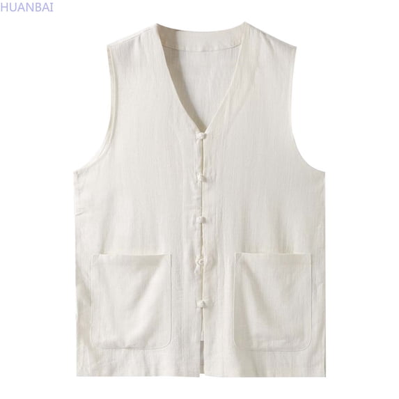HUANBAI Summer Thin Men's Vest Cotton Linen Vest V Neck Large Size Linen Jacket Tang Suit