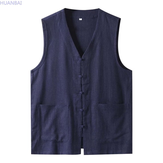 HUANBAI Summer Thin Men's Vest Cotton Linen Vest V Neck Large Size Linen Jacket Tang Suit