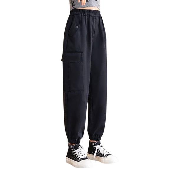 HUANBAI Teen Children Pants For Girls Casual High Waisted Drawstring Loose Fit Pockets Kid Tall Cargo Sweatpants Streetwear 3-4 Years