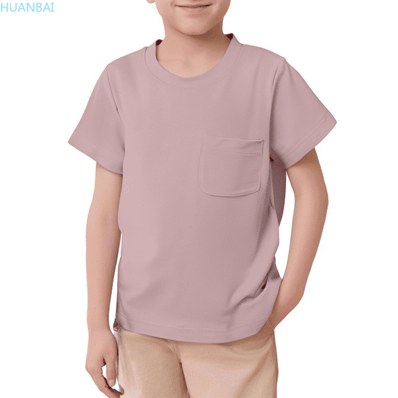 HUANBAI Unisex Kid's Boys Girls Basic Short Sleeve Solid Color T Shirts Pocket Tee Crew Neck Shirt Boys' Crew Neck Tees 4-5 Years