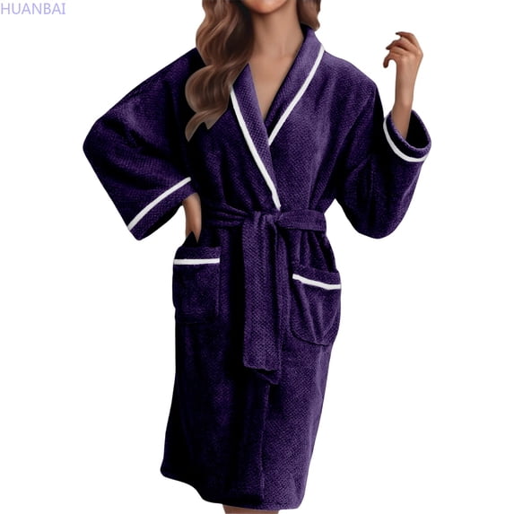 HUANBAI Winter Long Sleeve Kimono Robe With Belt And Pockets Cozy Loungewear For Home Soft Warm Bathrobe Housewear Attire Women's Nightgown