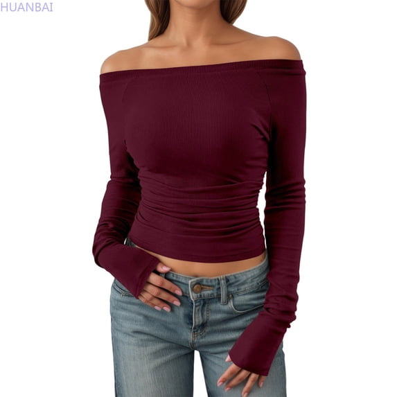 HUANBAI Women Long Sleeve Shirts Fall Ruched Sides Boat Neck Basic Tee Casual Fitted Ribbed Knit Crop Tops Tees T-Shirts for Women