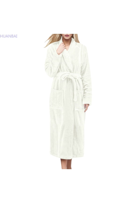 Women Winter Long Sleeve Pocket Belt Cardigan Solid Color Coral Bathrobe Flannel Nightgown Casual Pajama Dress