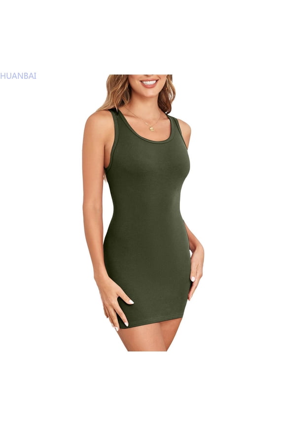 Women's Mini Dress Summer Tank Dress Ribbed Crew Neck Sleeveless Basic Bodycon Mini Dresses Basic Sleeveless Tank Tops