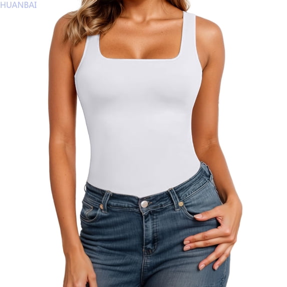 HUANBAI Women's Seamless Square Neck Compression Tank Top Shirt For Shapewear And Workout Slim Fitted Camisole