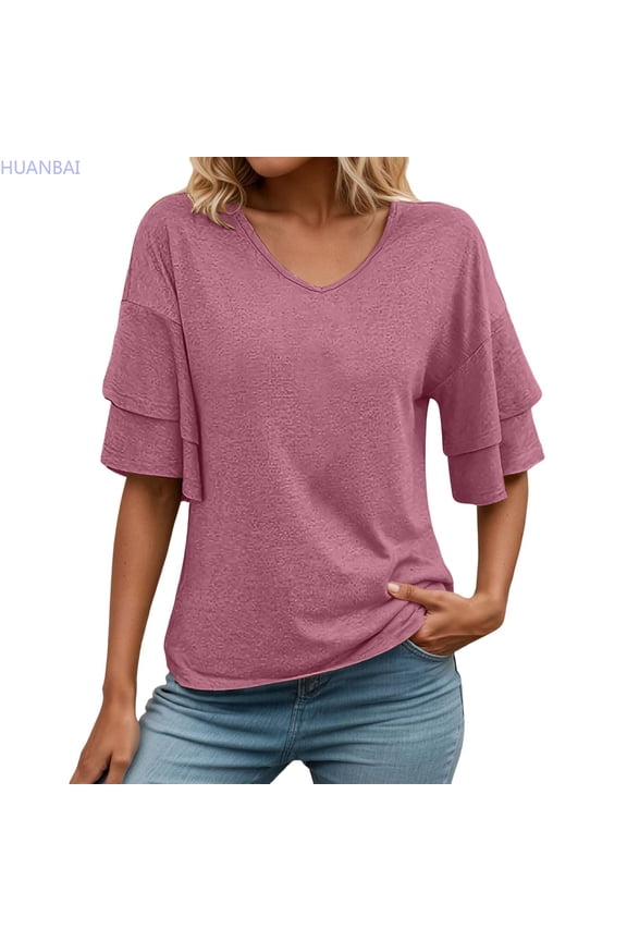 Womens V Neck Loose Fit T Shirt Double Layer Flounce Short Sleeve Top Casual T Shirts